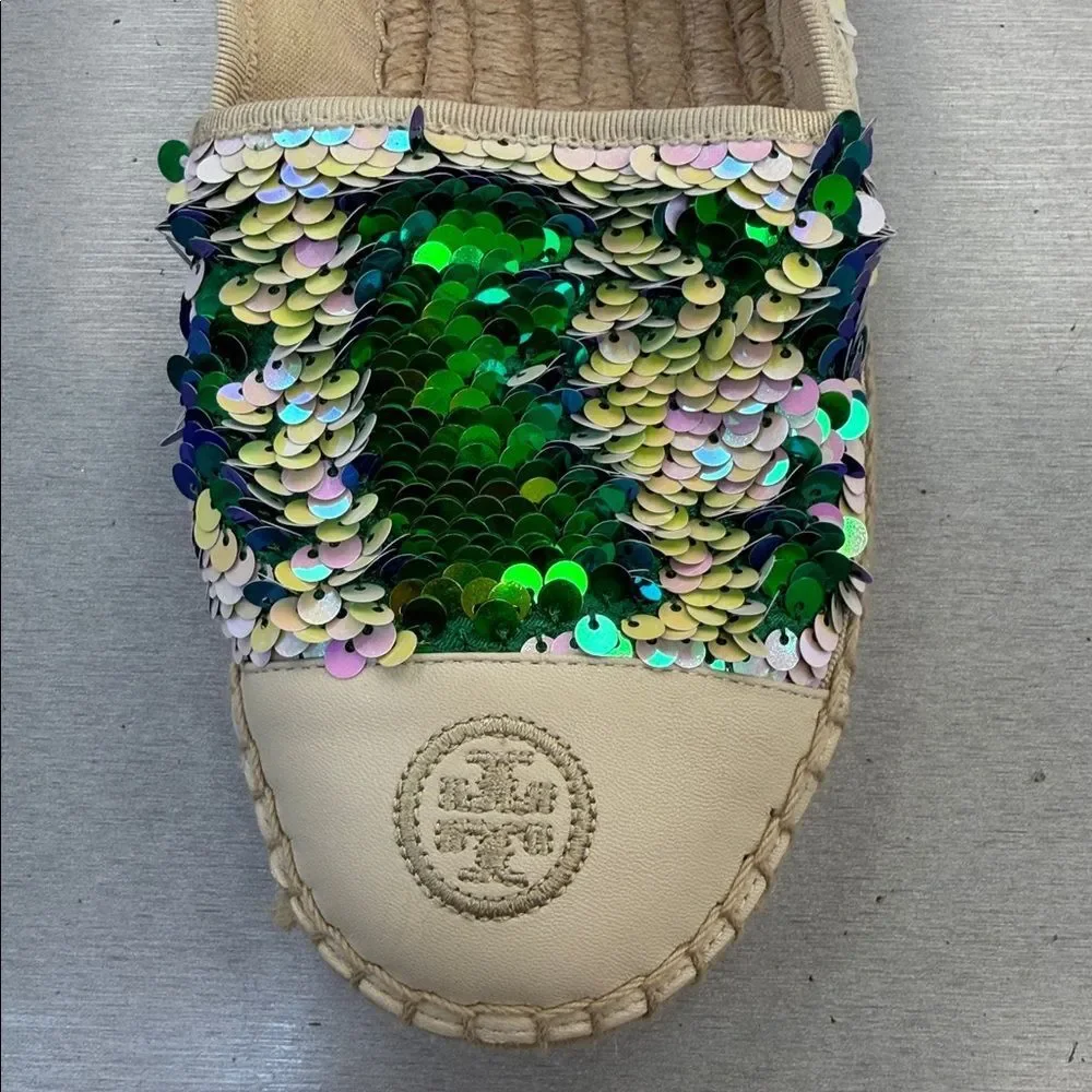 Tory Burch Green and Cream Sequin Espadrilles